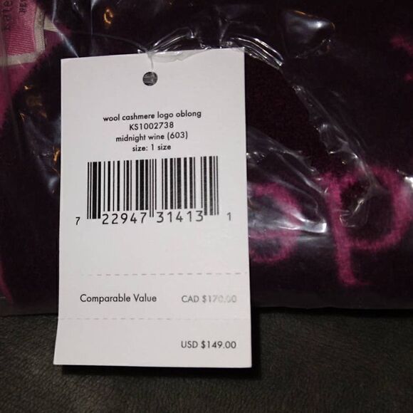Kate Spade NEW with Tags Wool Cashmere Logo Oblong Scarf in Midnight Wine - Picture 5 of 5